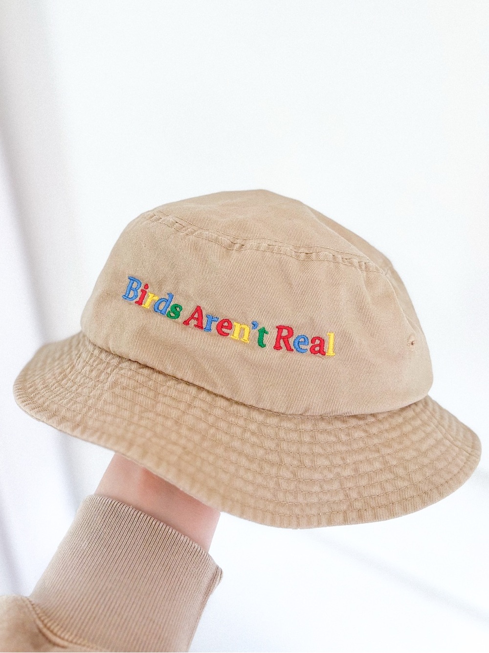 Birds Aren't Real Embroidered Tan Bucket Hat - Kids